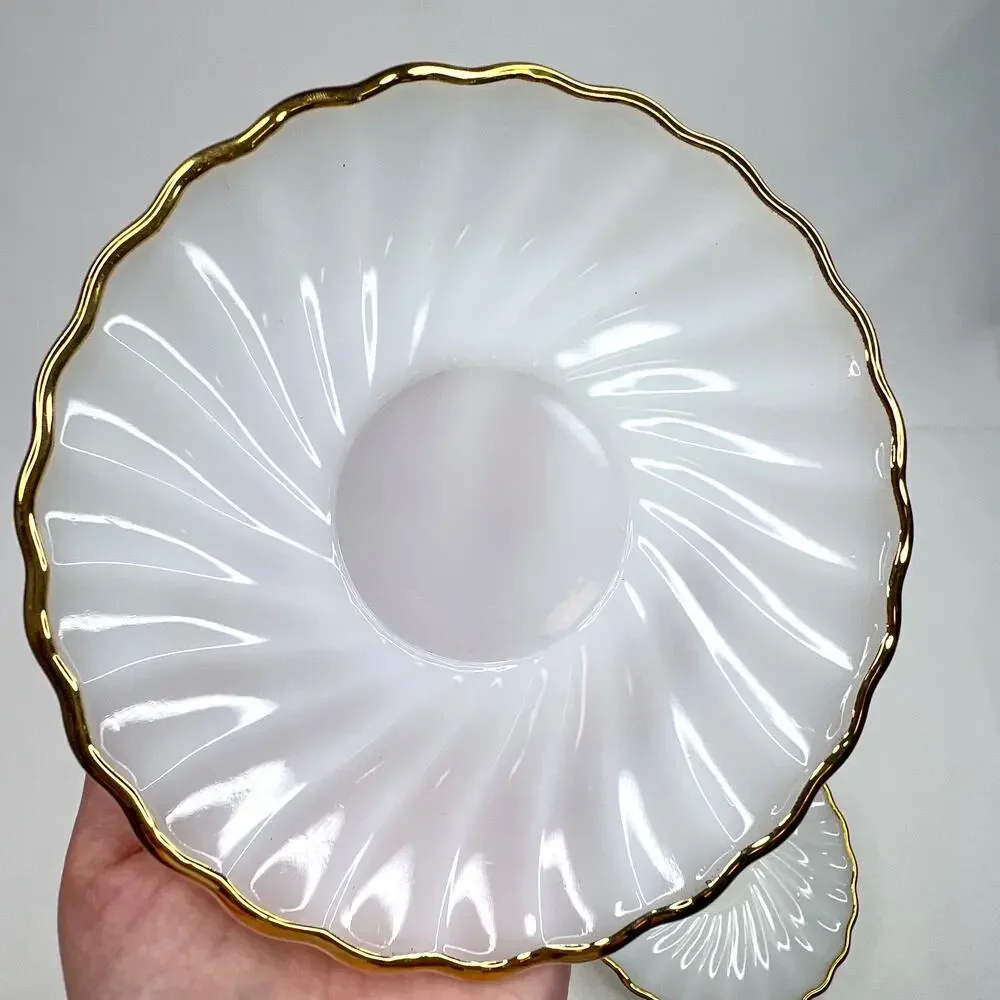 Two Vintage Anchor Hocking Fire King Milk Glass Gold Trim Saucers
